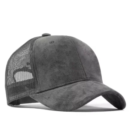 Back view of a dark grey baseball cap with embroidered details
