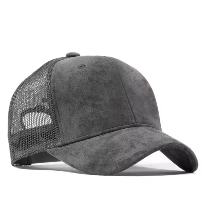 Back view of a dark grey baseball cap with embroidered details
